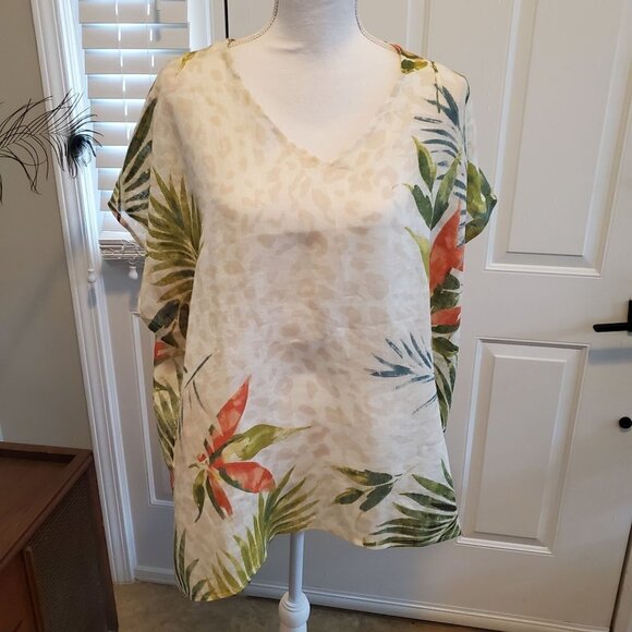Chico's Linen Blouse Poncho Size S/M Beige Tropical Floral Palm Hawaiian Beach - Picture 1 of 10